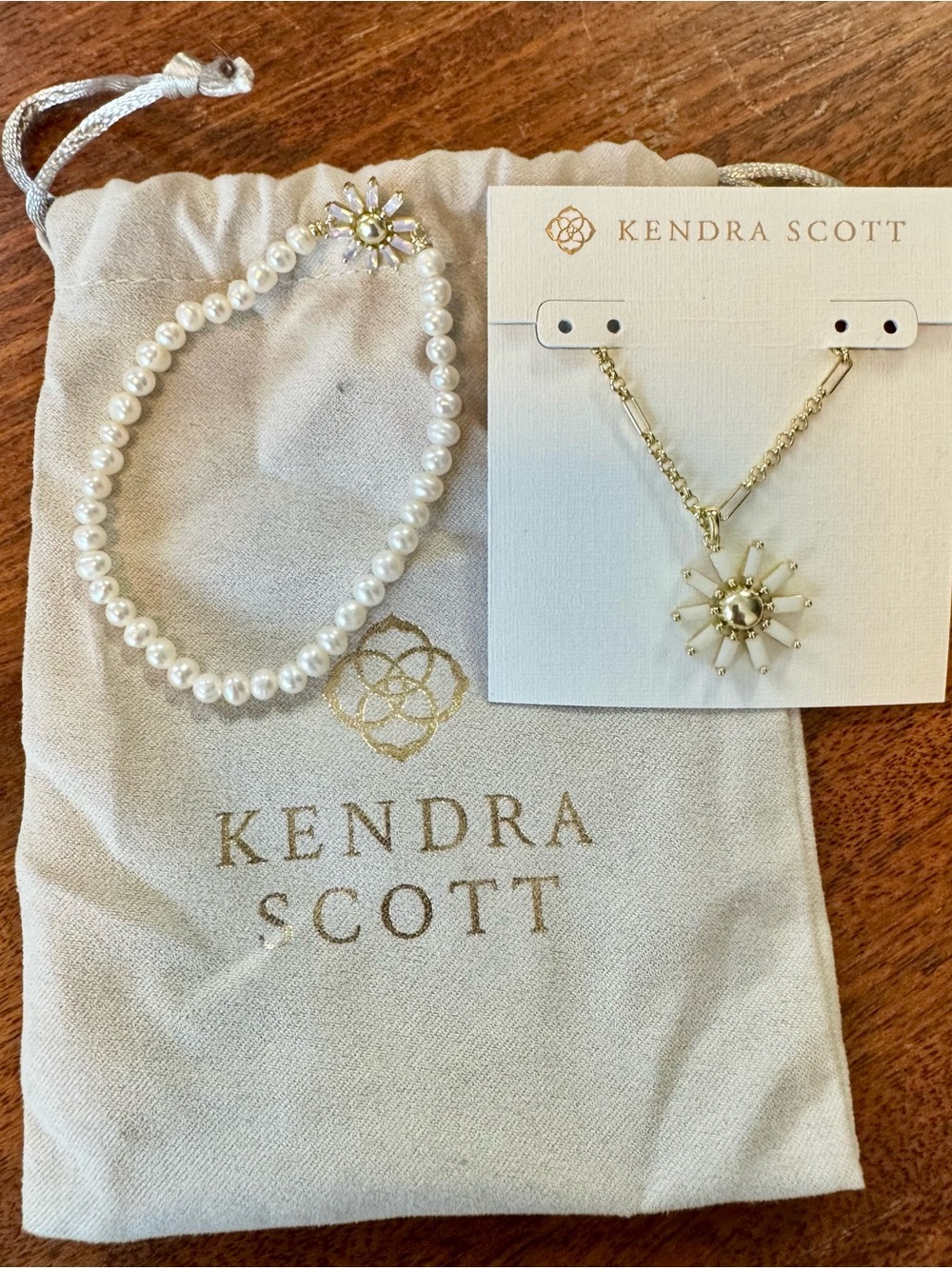 Kendra Scott Gold Daisy Pendant Necklace and   Pearl Bracelet with Daisy Charm